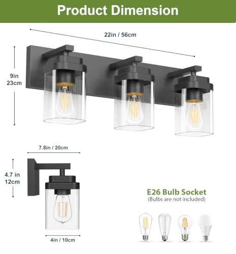Image of Black Bathroom Light Fixtures, 3 Lights Bathroom Lighting Fixtures Over Mirror, Square Design & Rectangle Large Backplate, Modern Vanity Lighting Fixtures, for Bathroom /Living Room /Bedroom