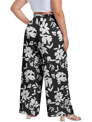 Image of OLRIK Women's Plus Size Pants Adjustable High Waisted Wide Leg Palazzo Pants Casual Trousers with Pockets Spring Clothes