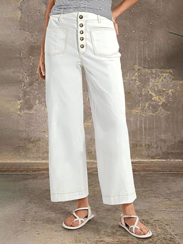 Flamingals High Waisted Wide Leg Cropped Jeans for Women Stretchy Button Fly Baggy Jeans Trendy with Patch Pockets2