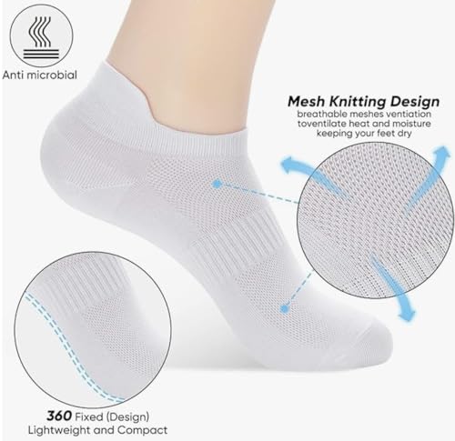 Athletic No Show Ankle Socks, Low Cut Running Socks with Heel Tab, White, 6 Pairs2