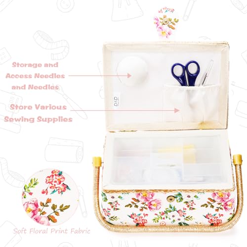Sewing Basket with Accessories, Floral Print Sewing Box for Sewing Supplies,Wooden Sewing Kits Storage Box with Removable Tray,Sewing Basket Organizer Carrying Bag for Beginners & Professional