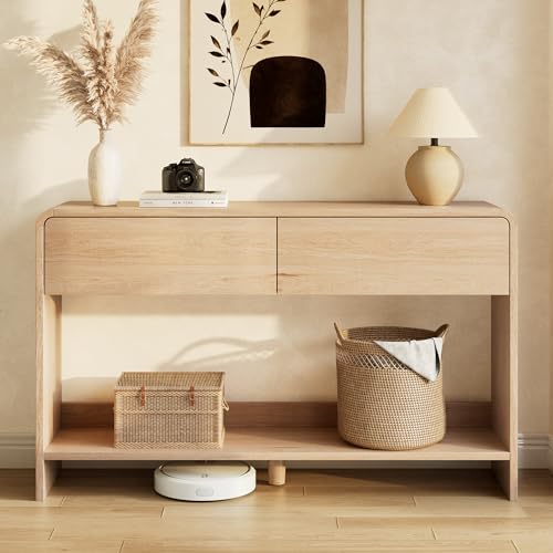 Image of AMERLIFE 55 inch Modern Console Table with 2 Storage Drawers and Open Shelf, Wooden Entryway Table with Curved Edges, Sofa Table Behind Couch for Hallway, Foyer, Entrance, Living Room, Natural Oak