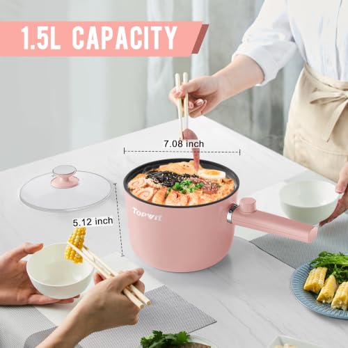 Image of Topwit 1.5L Hot Pot Electric, Portable Ramen Cooker, Non-Stick Frying Pan | BPA-free, Glass Lid, Overheat & Boil-dry Protection, Electric Pot for Pasta, Steak, College Dorm Office Travel Essentials