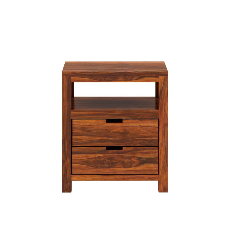 Image of Solid Sheesham Wood Bedside Table with 2 Drawer & 1 Open Shelf Storage for Bedroom, End Table, Side Table for Living Room Home (Natural Finish)