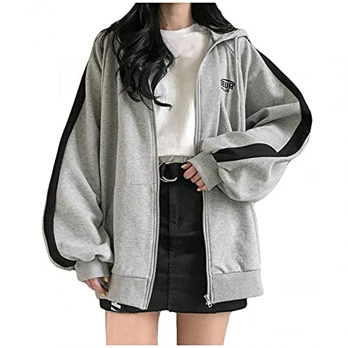 KUKICAT Woman Y2K Hoodie Femme Vintage Oversize Sweat Zippé à Capuche Impression Lettres Loose Veste Casual Mode Automne Hiver 2021 M Gris