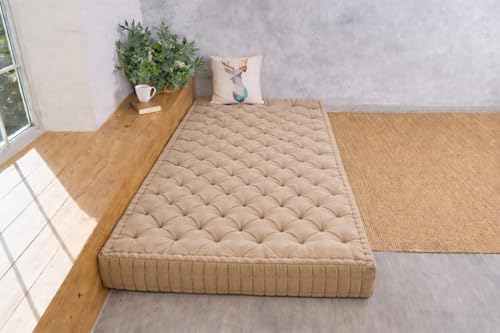 Image of ATOOTFUSION Soft Cotton Floor Box Mattress, 5-Inch Thick, Foldable, Movable, Medium Firm, Solid Colored (Beige, Double Bed 72X72X5 Inches)