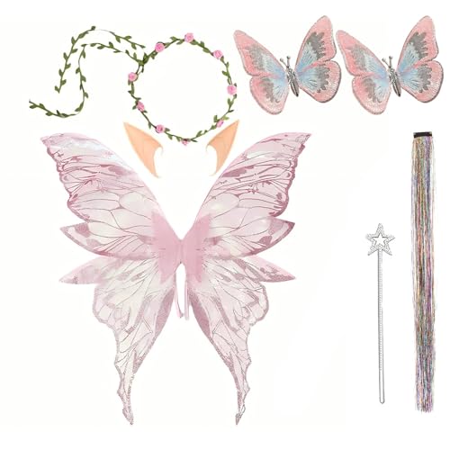 Solorass Alas de hadas para adultos, niños, alas de elfo, niña con orejas de elfo, guirnalda de alas de mariposa, disfraz de elfo, disfraz de elfo, para mujer, Halloween, carnaval (rosa)