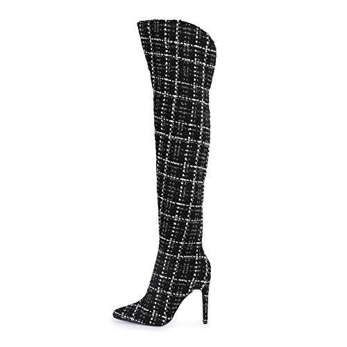 Stupmary Women's Over The Knee Boots Pointed Toe Stiletto Plaid Heels Winter Boots Thigh High Bootie Zipper #TOP3