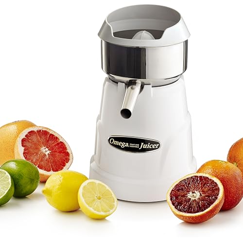 Image of Omega C-10W Professional Citrus Juicer Features 3 Juice Cones for All Citrus Sizes 150 Rotations Per Minute Surgical Steel Bowl and Pulp Strainer with Non-Slip Feet, White