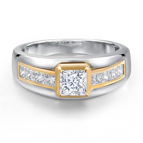 Gem Stone King 925 Silver and 10K Yellow Gold 5MM Princess Cut Gemstone Birthstone and 2.4MM Round Lab Grown Diamond Statement Ring For Men | Available in Size 7-133