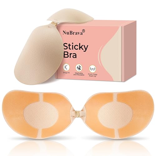 Image of Sticky Bra Push Up, Strapless Adhesive Bra Backless No Show Beige D | Perforated cups, glue-free center, stick-on hold, front clasp lift, reusable Invisible bra for low-cut outfits and hot days