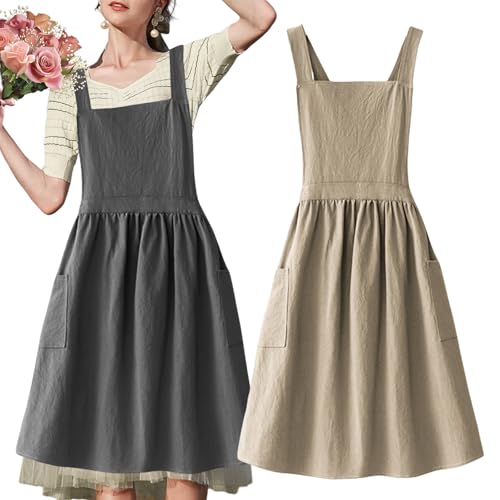 PORFOYO 2 Stück Baumwolle Leinen Schürzen Weiche Japanischer, Schürze Baumwolleleinen Für Frauen, Verstellbare Küchenschürze, Für Küche,...