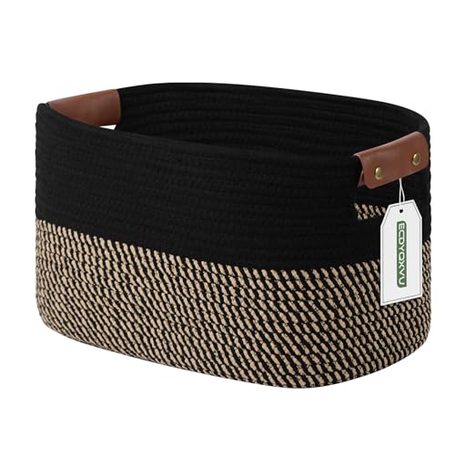 Image of ECDYQXVU Cotton Rope Basket, Storage Baskets with Handle, 15x10x9 Inch Woven Basket for Shelves, Laundry, Towels, Clothes, Books, (Black Brown 1 Pack)
