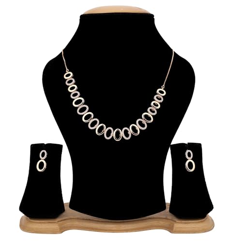 Image of Nilu's Collection Rose Gold Plated | American Diamond Stone Studded | Anti Tarnish Jewellery Set for Women and Girls | Matching Earrings | Perfect for Weddings and Special Occasions (Style 2)