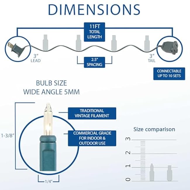 Novelty Lights 11 Feet 50 Bulbs Traditional Incandescent Mini Lights, Amber on Green Wire with 2.5 Spacing, Commercial Grade and UL Listed for Indoor/Outdoor Use, End-to-End Connectable