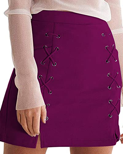Image of MANGOPOP Women's Classic High Waist Lace Up Bodycon Faux Suede A Line Mini Pencil Skirt (Burgundy, Small)