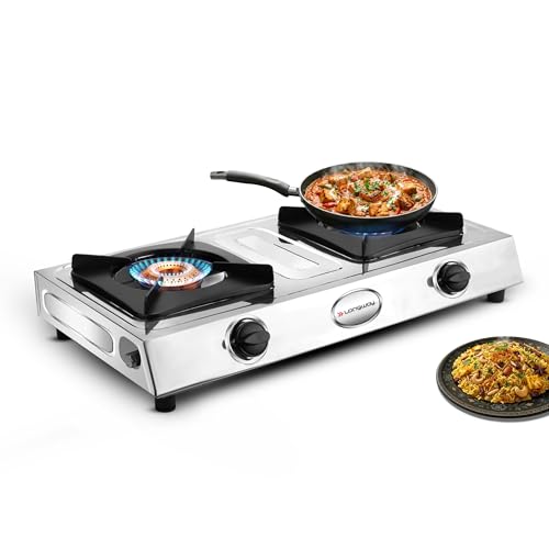 Image of Longway Stellar Stainless Steel Top, 2 Burner Manual Ignition Stainless Steel Gas Stove (Silver, ISI Certified, 2 Year Warranty)