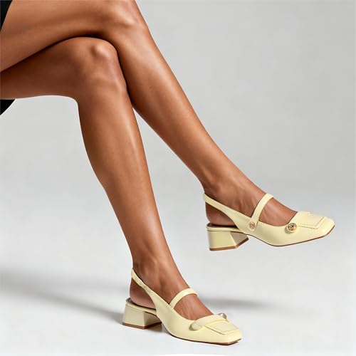 Image of Slingback Mary Jane Heels for Women Low Block Heel Closed Square Toe Pump Shoes Heels Classic Daily Office Dressy Shoes