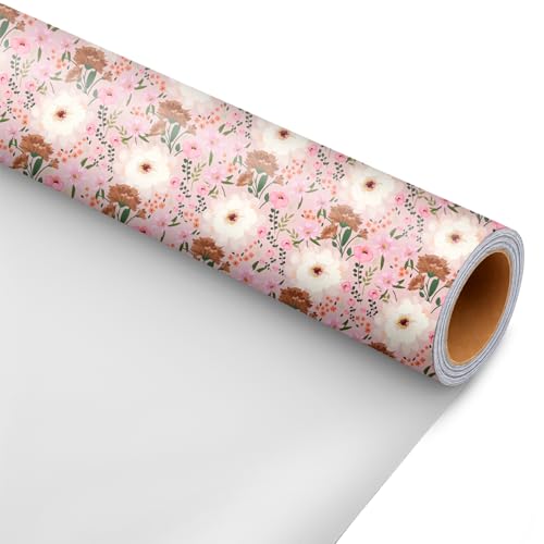 ZINTBIAL White and Pink Floral Wrapping Paper Roll for...