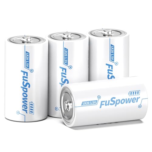 Fuspower D Batteries LR20 D Size 1.5V Alkaline Battery with Long-Lasting Power for Flashlight Clock Lantern (4 Count (Pack of 1))