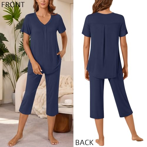 Image of Bestbee Women's Pajama Sets 2 Piece Lounge Outfits Summer Sleepwear V Neck Short Sleeve Capri Pant With Pockets Ladies Pjs