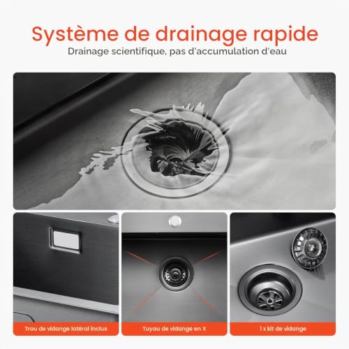 VEVOR Évier de cuisine 68 cm, évier à montage par le haut en acier inox 304, évier à poser à encastrer cuve simple avec accessoires, évier de lave-vaisselle ménager pour camping-car cuisine bar, noir – vue 5