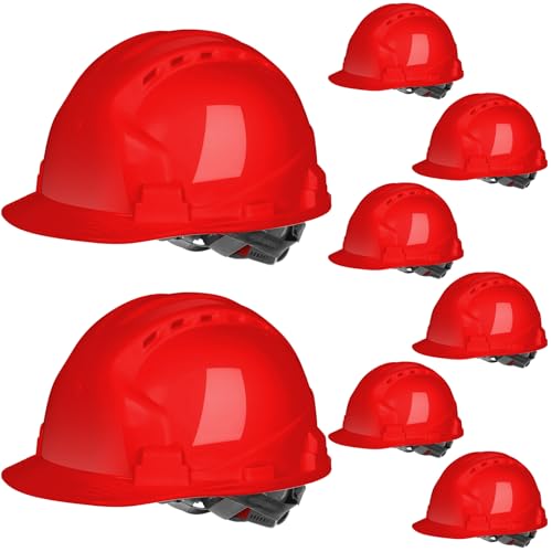 Leumoi 8 Pcs Hard Hat 4 Pt Suspension Ratchet ABS Vented Safety,Red
