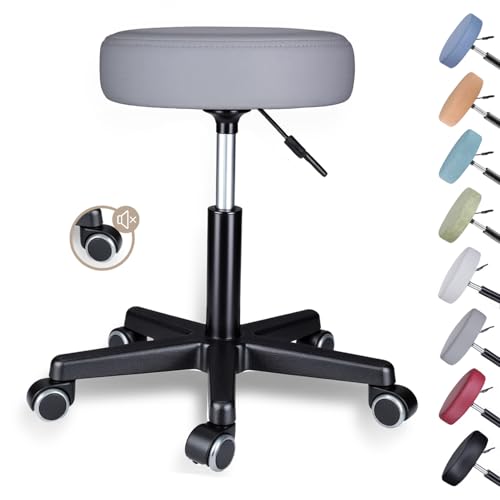 Zedelmaier Rollhocker höhenverstellbar, Bürohocker mit Gummirollen, 360° drehbar Hocker mit Rollen & 10 cm Polsterung, Sitzhocker Werkstatt, Drehhocker ergonomisch, Sitzhöhe 44–58 cm, Grau
