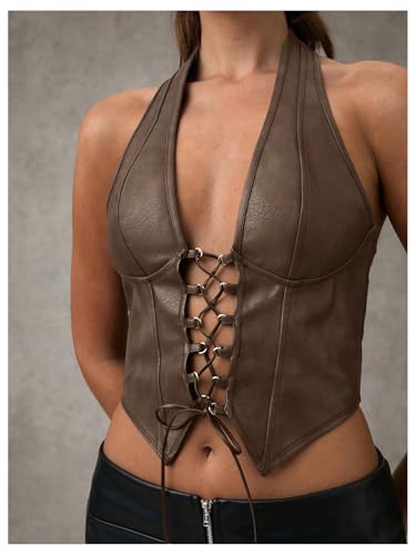 SOLY HUX Women's PU Leather Halter Top Lace Up Sleeveless Backless Y2k Crop Tank Tops4