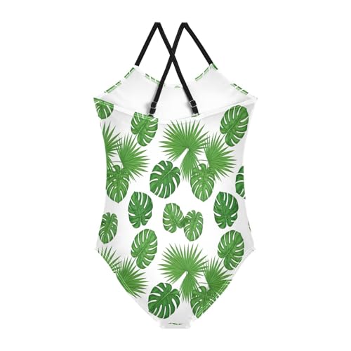 Girls Swimming Suits Beach Swimsuit 3-10 Y with Adjustable Shoulder Strap, Palm Leaves White2