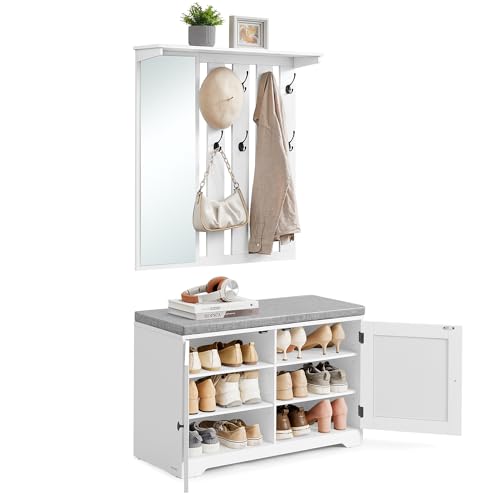 VASAGLE Schuhbank Wandgarderobe Set, Garderobe mit Spiegel, 8 Doppelhaken, Schuhschrank mit verstellbaren Ablagen, Doppeltüren, Sitzbank, Sitzpolster abnehmbar, 81 cm breit, wolkenweiß LSC010W01 VASAGLE Schuhbank Wandgarderobe Set, Garderobe mit Spiegel, 8 Doppelhaken, Schuhschrank mit verstellbaren Ablagen, Doppeltüren, Sitzbank, Sitzpolster abnehmbar, 81 cm breit, wolkenweiß LSC010W01