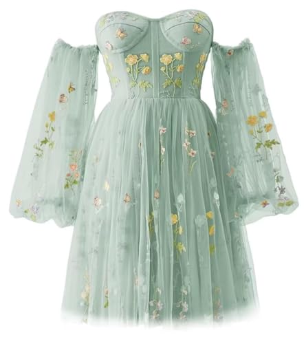 UZN Women's Puffy Sleeve Flower Embroidery Tulle Homecoming Dresses Short for Teens Mini Formal Prom Gowns