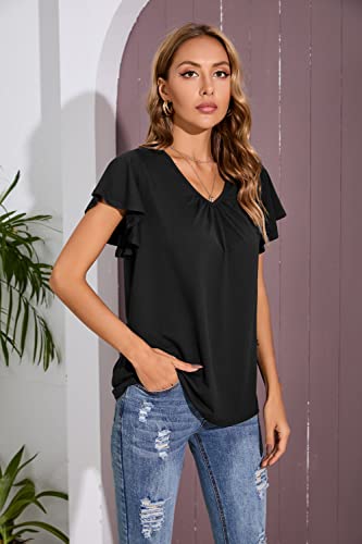 Iandroiy Women's Casual Shirred V-Neck Top Ruffle Short Sleeve Shirts Basic Pleated Top4