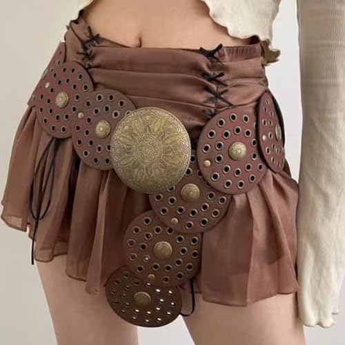 38.35 x 3.54 Inch Western Hollow Disc Belt Wide Vintage PU Leather Wasitband with Metal Buckle Boho Cowgirl Chunky Waist Belts for Women Jeans Dress Skirt (Brown)4