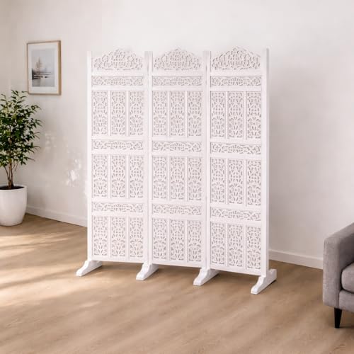 Image of Home & Goods International Wooden Room Divider Partition - Foldable Wood Screen Separator for Living Room, Bedroom, Office, Restaurant || Kangra Badrun Design, White (3 Panel with Stand)