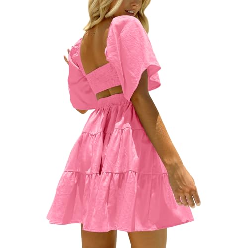 Image of OWNGIGI Women's Summer Dresses Square Neck Short Sleeve Cutout Crossover Elastic Waist Casual Party A-Line Mini Dress