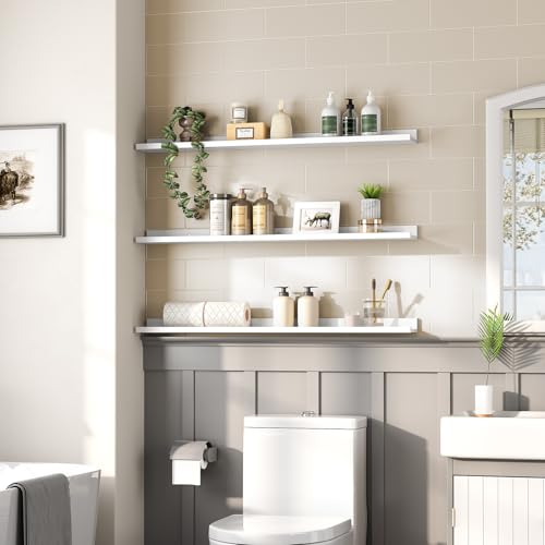 Image of HOOBRO Floating Shelves, Wall Shelf Set of 3, 35.4 Inches Hanging Shelf with Raised Edge and Invisible Brackets, for Bathroom, Bedroom, Kitchen, Office, Living Room Decor, White WT90BJ01