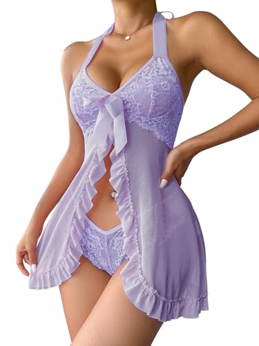 Image of Foxiny Sexy Halter Open Front Ruffle Sheer Mesh Lace Babydoll Lingerie Dress with Thong 2 Piece