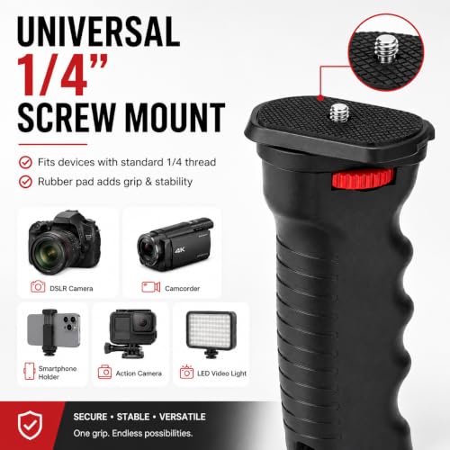 Image of Universal Camera Hand Grip with 1 /4-Inch Screw Mount | Ergonomic Anti-Slip Handheld Stabilizer for DSLR, Mirrorless Camera, Camcorder, Action Camera, Phone Holder & LED Video Light