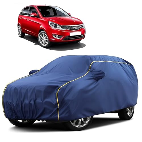 Image of Sulfar 100% Water Resistant Car Body Cover Compatible with Mirror for Tata Bolt (Triple Stitched, Full Bottom Elastic, Blue Taffeta with Yellow Piping)