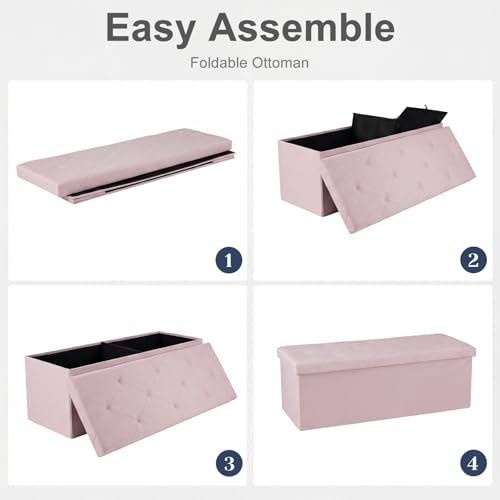 Image of DUMOS 43in Foldable Storage Ottoman Bench, Storage Chest, Large End of Bed Foot Rest Stool with Padded Seat, Bedroom Bench for Living Room, Support 660lbs, Pink
