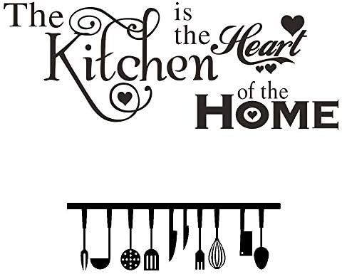Kitchen Tools and The Kitchen is The Heart of The Home Lovely Quote Vinyl Wall Decals, Removable Knife Fork Spoon Art DIY Quotes Stickers for Kitchen Livingroom Dining Room Home Decoration, Set of 2