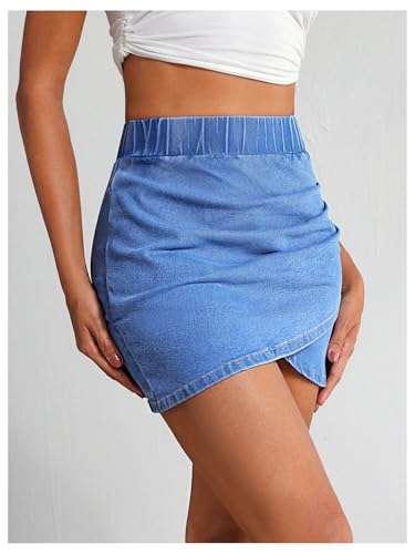 Verdusa Women's Ruched Wrap Denim Mini Skirt Stretchy Bodycon Jean Skirts4