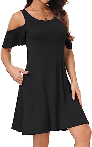 Image of Short /Long Sleeve Women's Cold Shoulder Dress with Pockets Casual Swing T-Shirt Dresses
