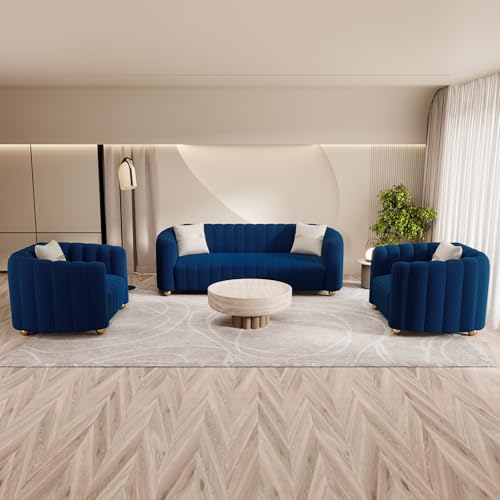 Moxoq Modern 3-Piece Blue Velvet Sofa Set for Living Room,