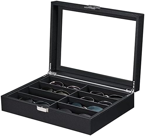 BEWISHOME Sunglasses Organizer, 8 Slot Sunglasses Case for Men, Eyeglasses Storage Box with Clear Glass Top, Carbon Fiber, Black SSH38C
