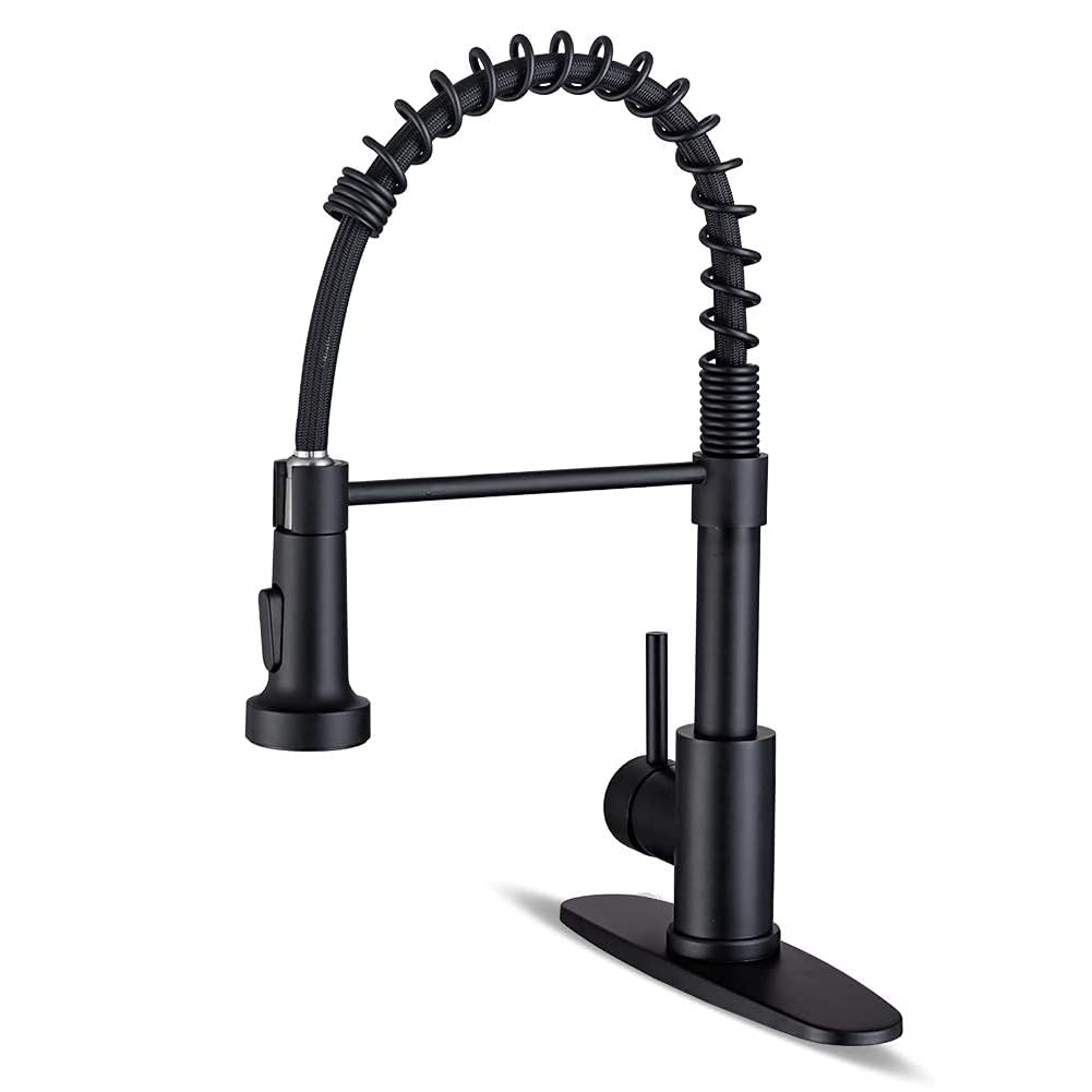 WEWE Matte Black Kitchen Faucet with Pull Down Sprayer, Commercial Stainless Steel Spring Single Handle Single Hole Sink Faucet for Farmhouse, RV, Laundry and Utility Room