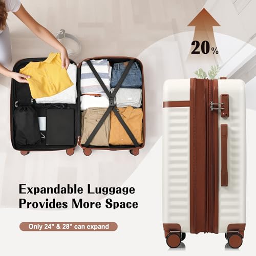 Image of Hardshell Luggage, Lightweight Suitcase with Spinner Wheels, WHITE BROWN+USB