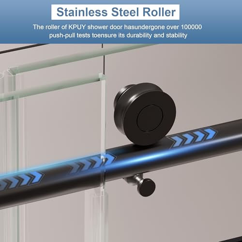 KPUY Frameless Shower Door, 61-66\" W x 76\" H Sliding Glass Shower Door, 1/4\" (6mm) Thick Tempered Clear Glass with Explosion-Proof Film Nano Coating, Stainless Steel Hardware, Matte Black