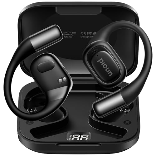 Picun Open Ear Headphones, Bluetooth 5.4 Wireless Earbuds with LED Display, Snug Fit Ear Hooks, Multipoint Connection, IP54 Waterproof, Mic Clear Calls, 40H Playtime Sports for Running Workout - Black